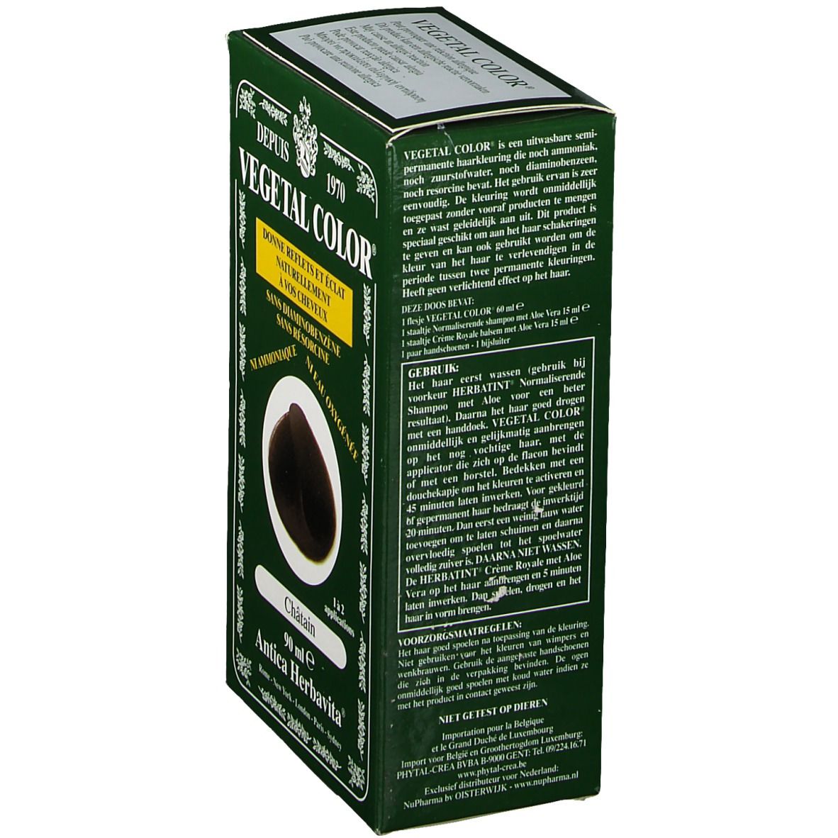 Boîte verte VEGETAL COLOR. Texte sur le côté. Nom du produit, ingrédients, mode d'emploi.
