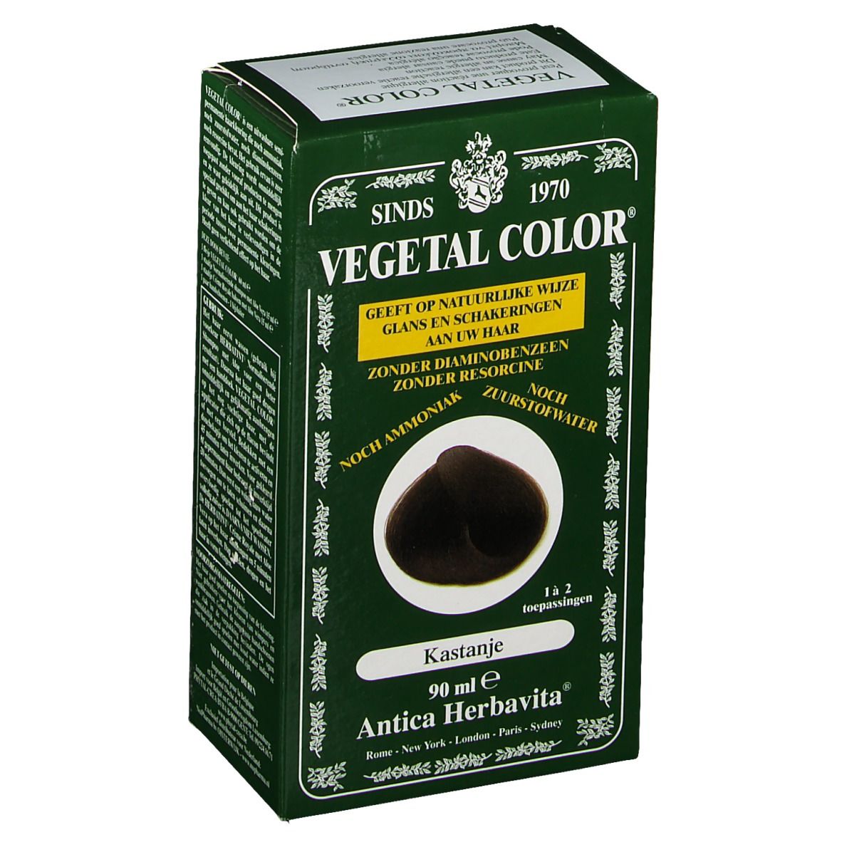 Boîte verte VEGETAL COLOR. Inscription : Kastanje, 90 ml, Antica Herbavita. Illustration couleur cheveux.