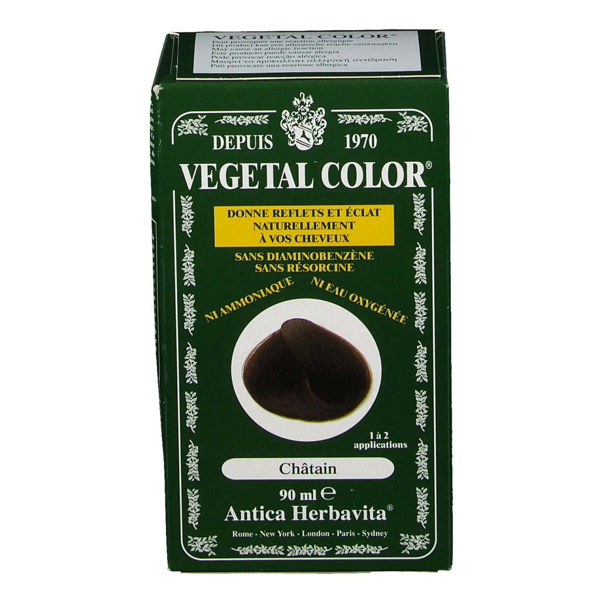 Boîte verte VEGETAL COLOR. Inscription : Châtain, 90 ml, Antica Herbavita. Illustration couleur cheveux.