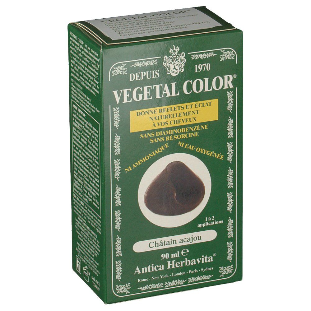 Boîte verte VEGETAL COLOR. Inscription: Châtain acajou, 90 ml. Représentation d'une couleur de cheveux.
