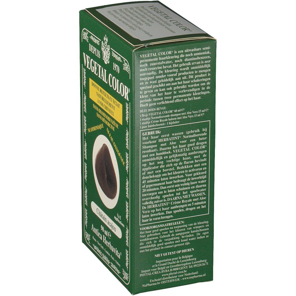 Boîte verte VEGETAL COLOR. Texte et informations produit sur le côté.