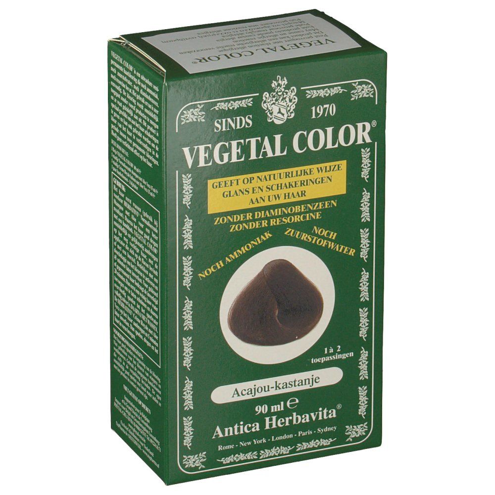 Boîte verte VEGETAL COLOR. Inscription: Acajou-kastanje, 90 ml. Représentation d'une couleur de cheveux.