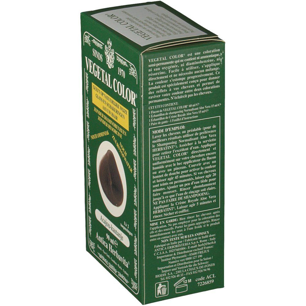 Boîte verte VEGETAL COLOR. Texte et informations produit sur le côté.