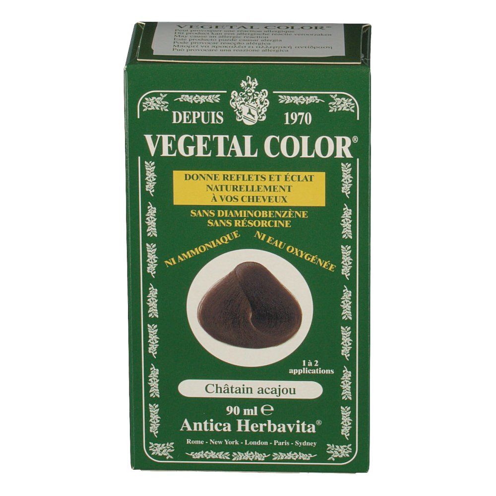 Boîte verte VEGETAL COLOR. Inscription: Châtain acajou, 90 ml. Représentation d'une couleur de cheveux.