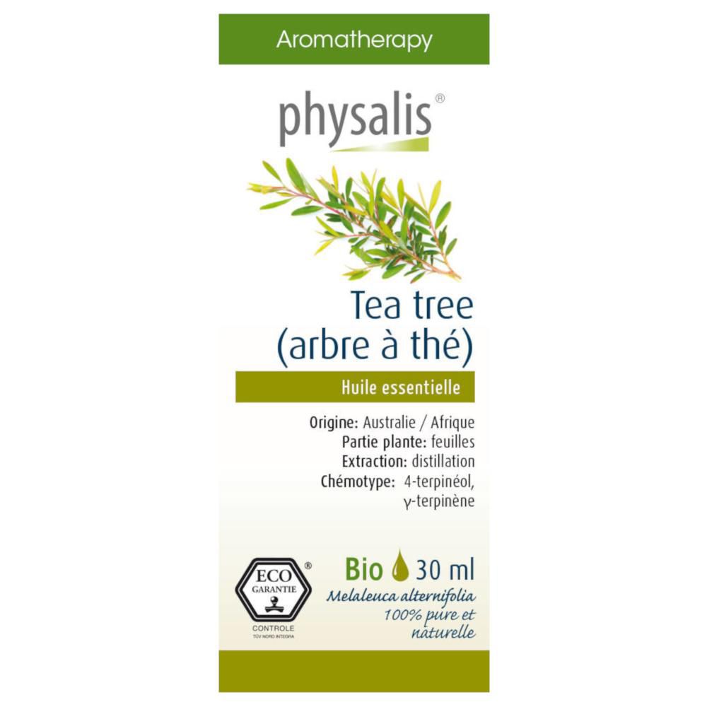 Etikett mit Informationen zu ätherischem Öl. Text: Tea tree (arbre à thé), 30 ml, Bio-Zertifizierung.