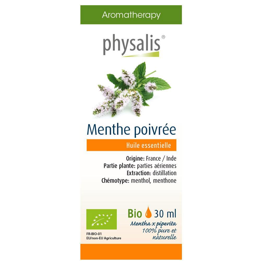 Physalis Pepermunt essentiële olie. Fles met label, kruidenillustratie, tekst. Bio-certificering, 30 ml.