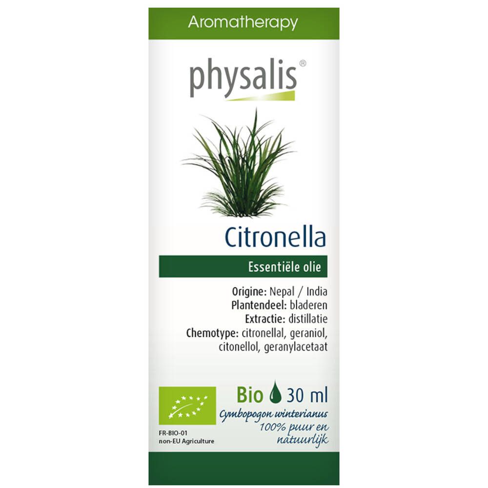 Grüne Flasche mit physalis® Citronnelle. Enthält ätherisches Öl. Bio-Zertifizierung. 30 ml.