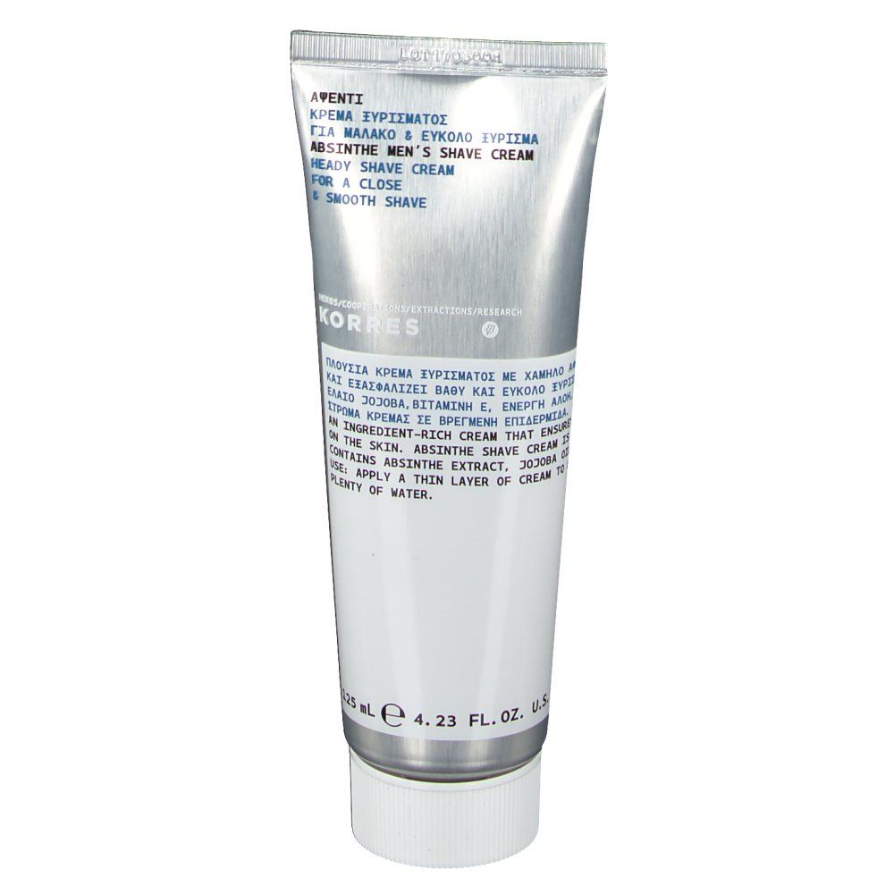 Zilveren tube met witte schroefdop. Opschrift: KORRES, Absinth Men's Shave Cream. Tekst in meerdere talen.