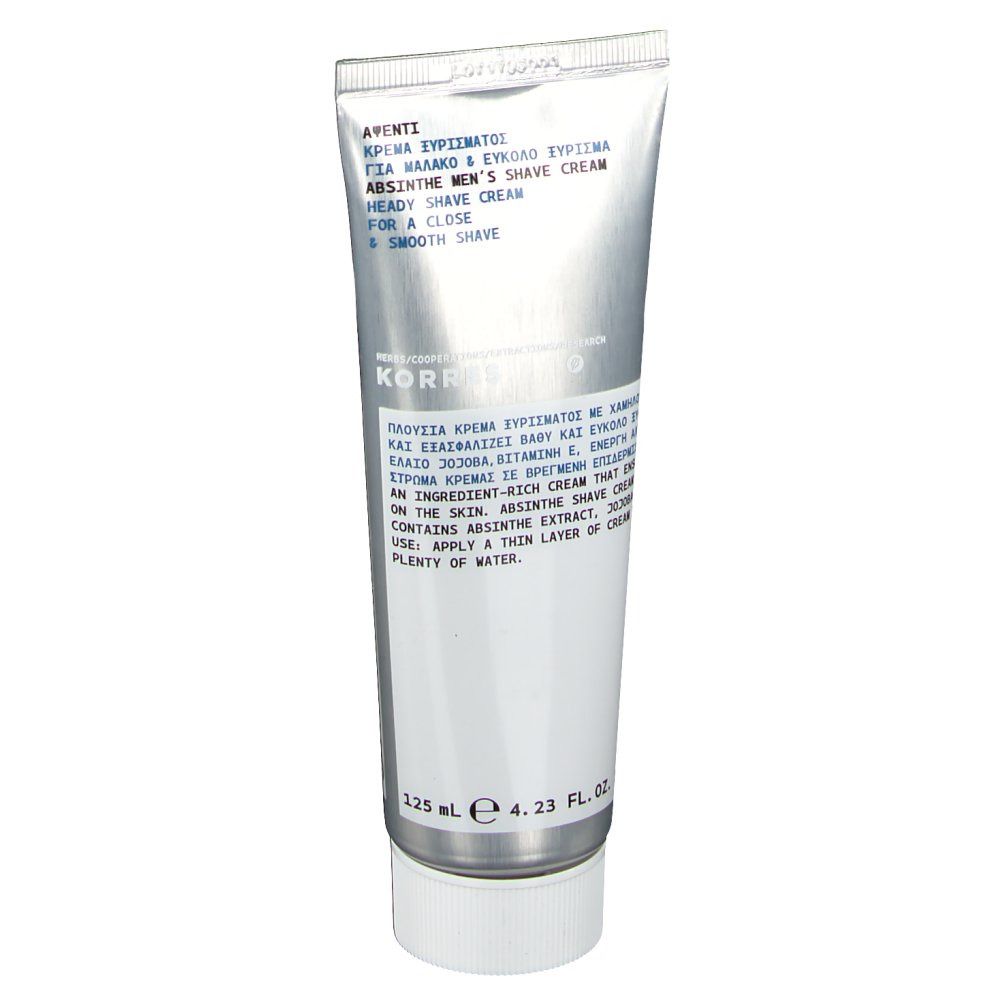 Zilveren tube met witte schroefdop. Opschrift: KORRES, Absinth Men's Shave Cream. Volume: 125 ml.