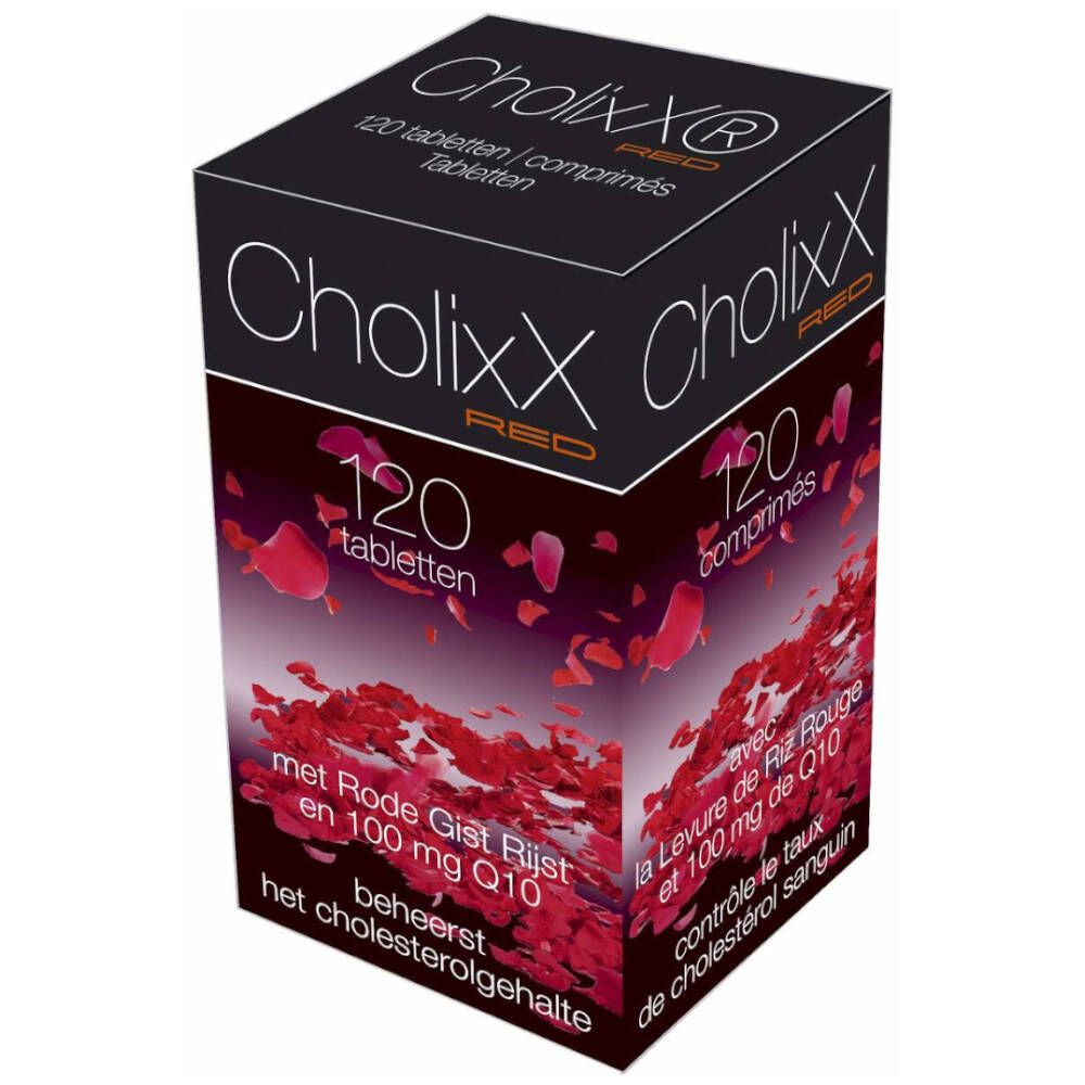 Boîte noire "CholixX RED", 120 comprimés. Pétales rouges et texte: "contrôle le taux de cholestérol sanguin".