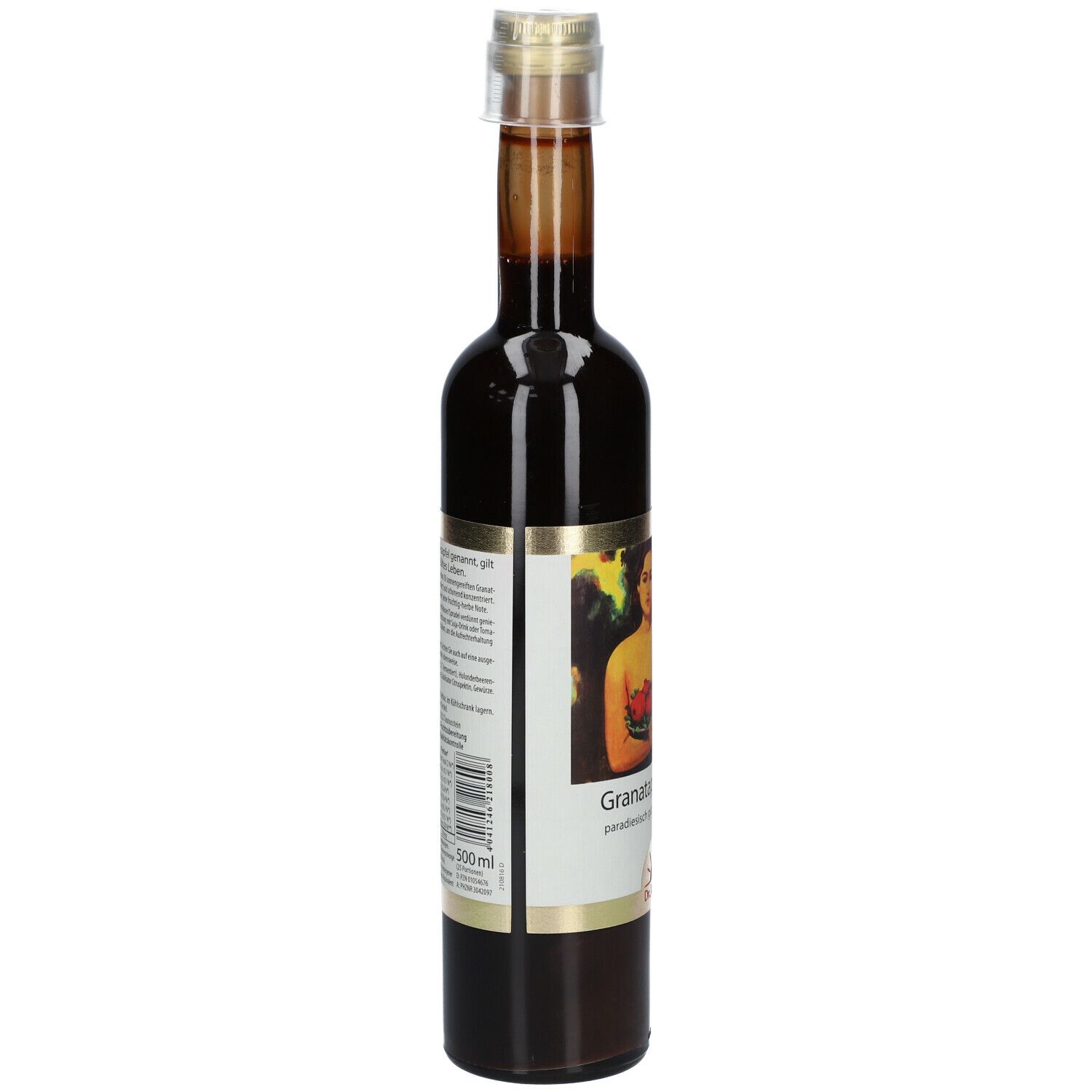 Braune Glasflasche mit Etikett. Aufschrift: Granatapfel-Elixier, Dr. Jacobs. Etikett mit Text und Barcode.
