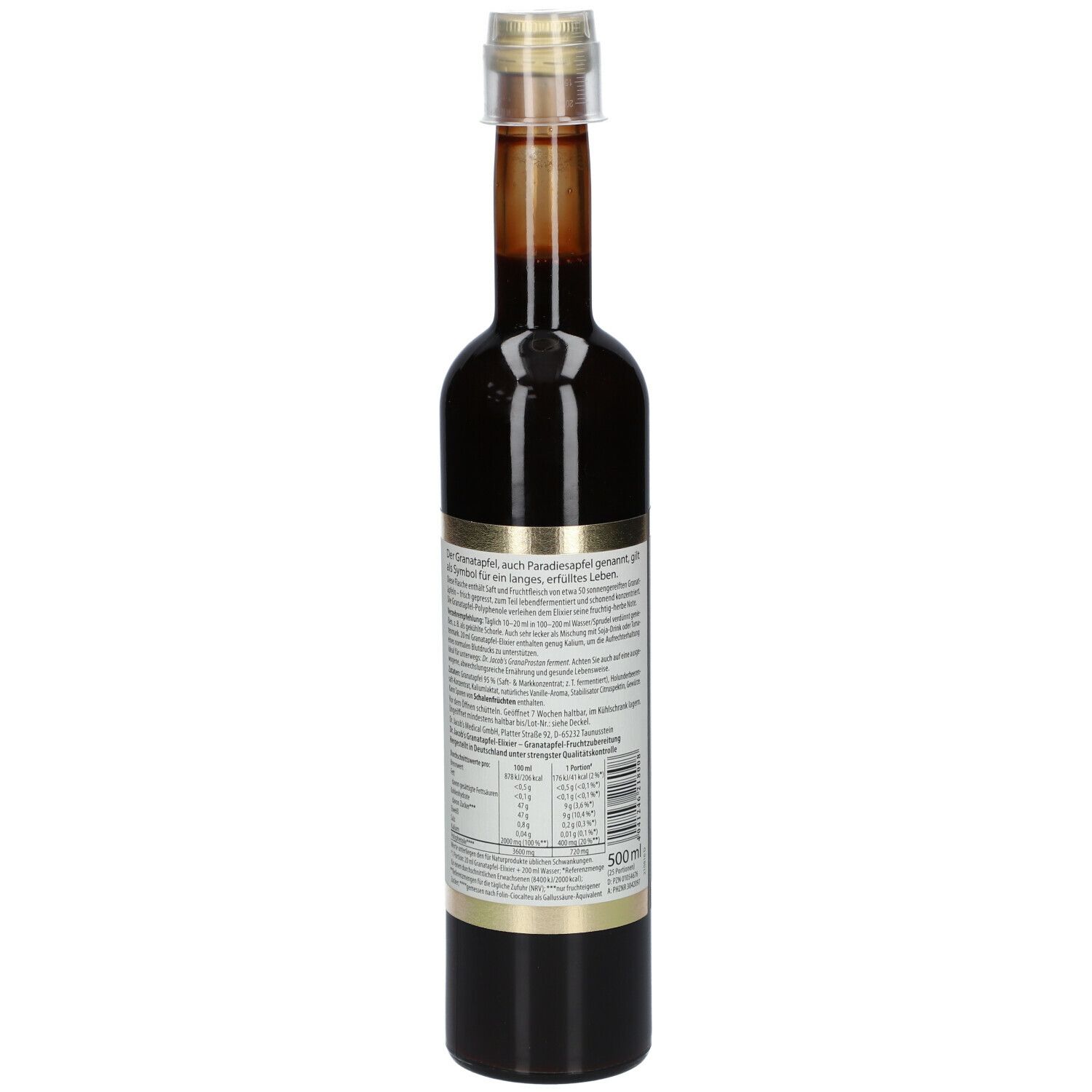 Braune Glasflasche mit Etikett. Aufschrift: Granatapfel-Elixier, Dr. Jacobs. Etikett mit Text und Nährwertangaben.