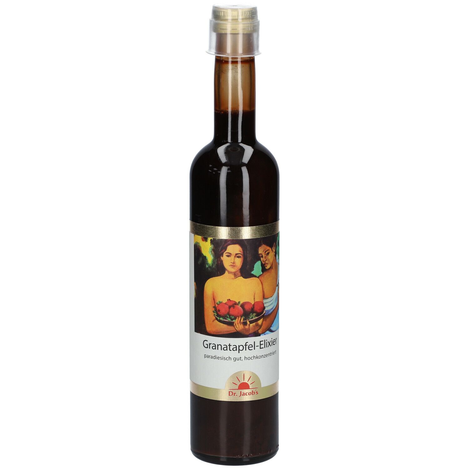 Braune Glasflasche mit Etikett. Aufschrift: Granatapfel-Elixier, Dr. Jacobs. Abbildung: Frauen mit Granatäpfeln.
