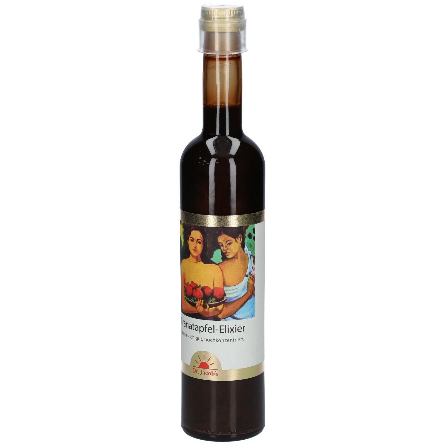 Braune Glasflasche mit Etikett. Aufschrift: Granatapfel-Elixier, Dr. Jacobs. Abbildung: Frauen mit Granatäpfeln.