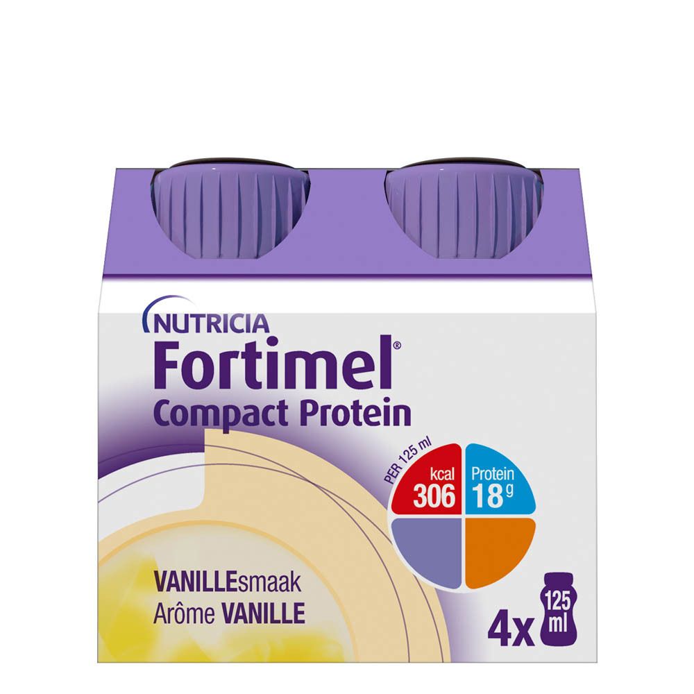 Fles Fortimel Compact Protein Vanille. Paarse dop, wit etiket. 125 ml.
