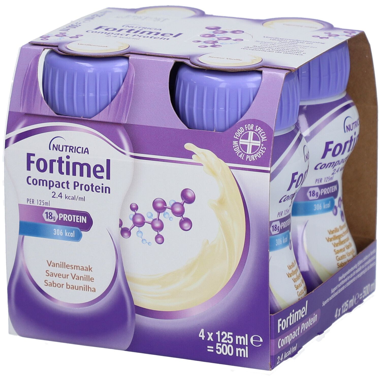 Verpakking van 4 flessen Fortimel Compact Protein Vanille. Paarse doppen, wit etiket.