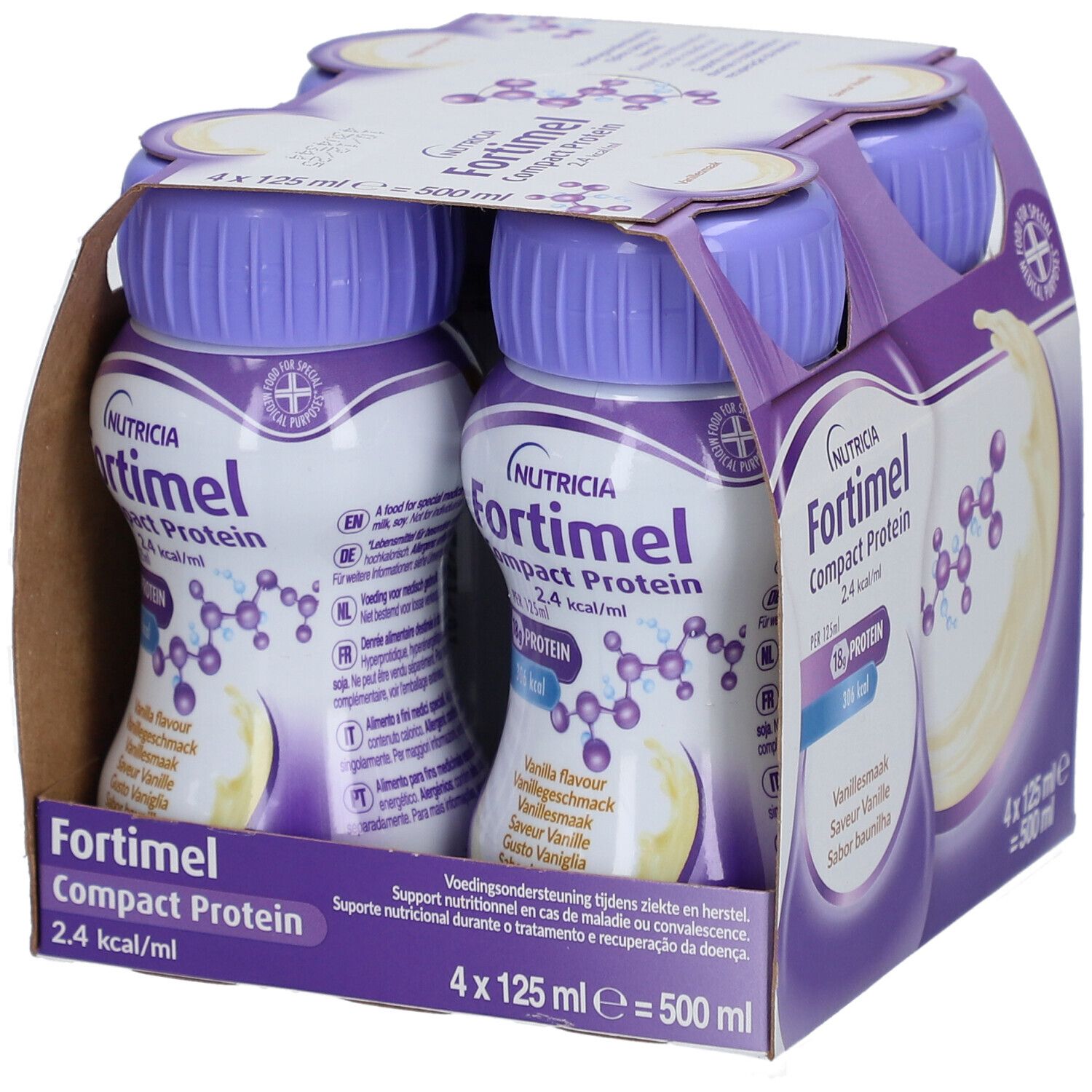 Verpakking van 4 flessen Fortimel Compact Protein Vanille. Paarse doppen, wit etiket.