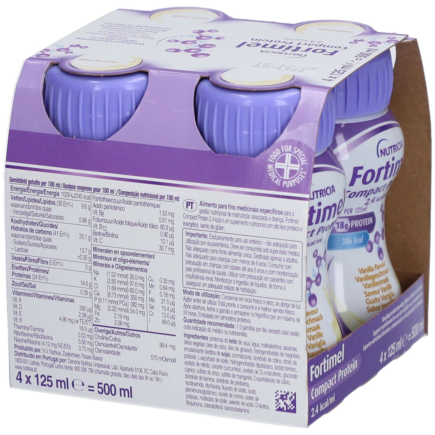 Verpakking van 4 flessen Fortimel Compact Protein Vanille. Paarse doppen, wit etiket.