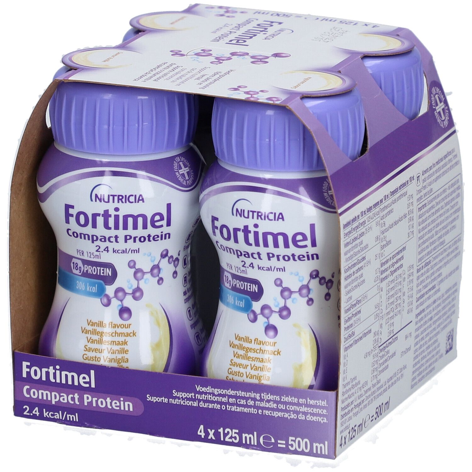 Verpakking van 4 flessen Fortimel Compact Protein Vanille. Paarse doppen, wit etiket.