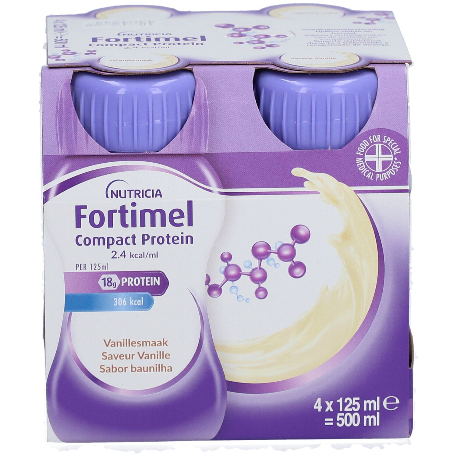 Verpakking van 4 flessen Fortimel Compact Protein Vanille. Paarse doppen, wit etiket.