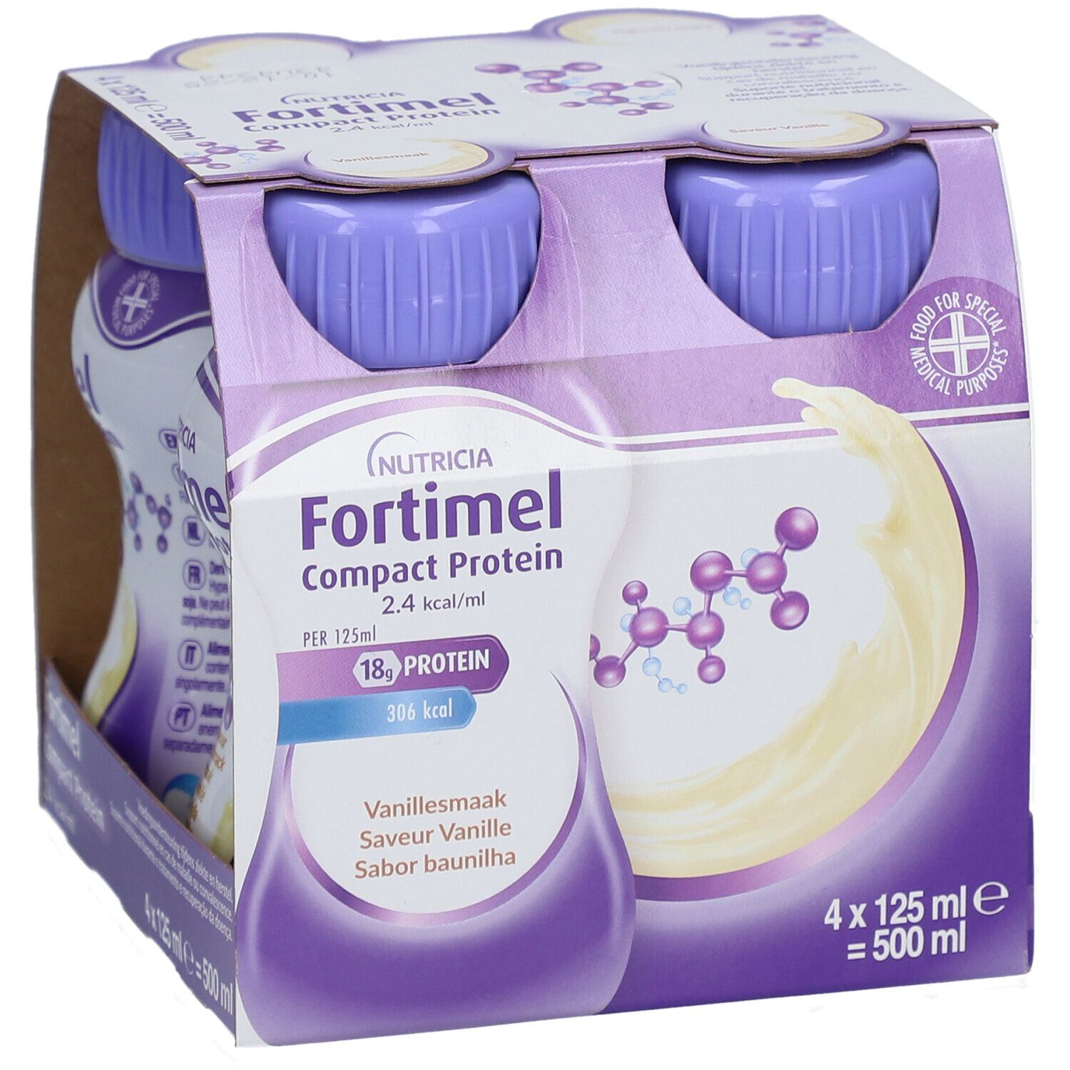 Verpakking van 4 flessen Fortimel Compact Protein Vanille. Paarse doppen, wit etiket.