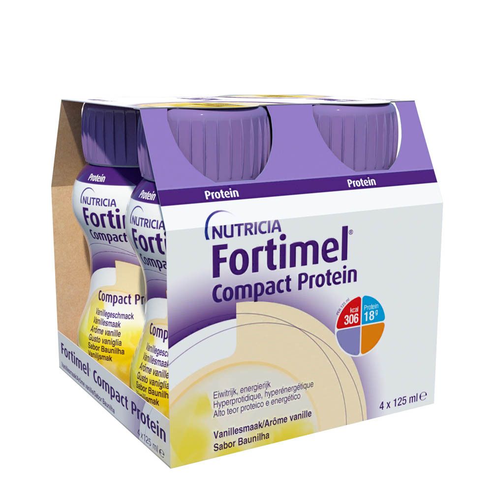 Emballage de 4 bouteilles Fortimel Compact Protein. Bouchons violets, étiquette blanche.