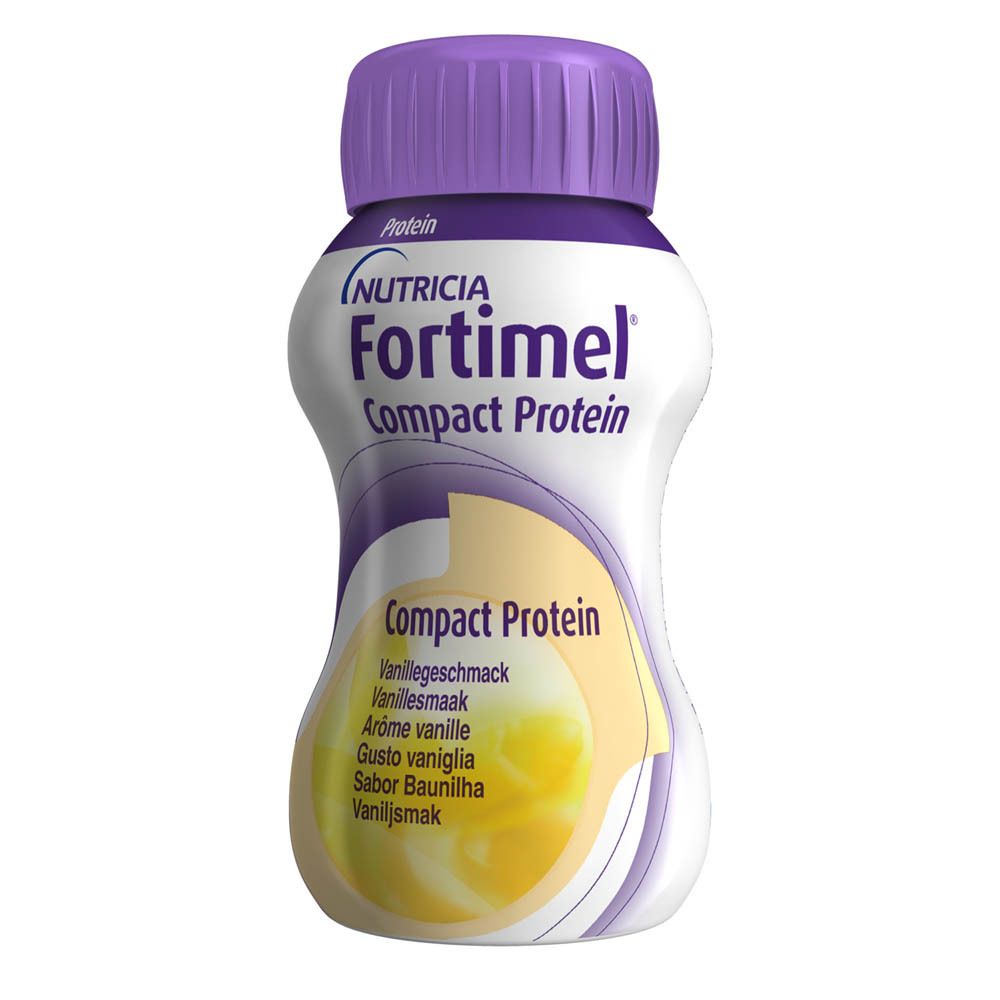 Enkele fles Fortimel Compact Protein. Paarse dop, wit etiket.