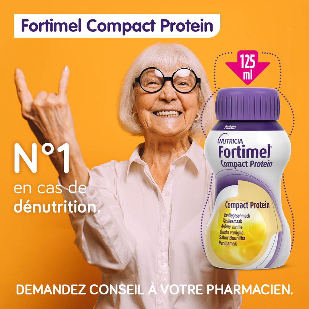 Bouteilles Fortimel Compact Protein Vanille. Bouchons violets, étiquette blanche. 125 ml.
