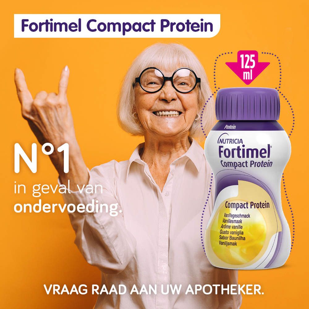Flessen Fortimel Compact Protein Vanille. Paarse doppen, wit etiket. 125 ml.
