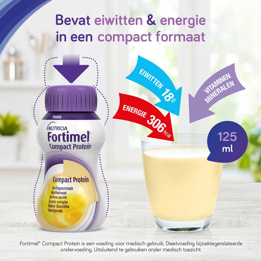 Flessen Fortimel Compact Protein Vanille. Paarse doppen, wit etiket. 125 ml.