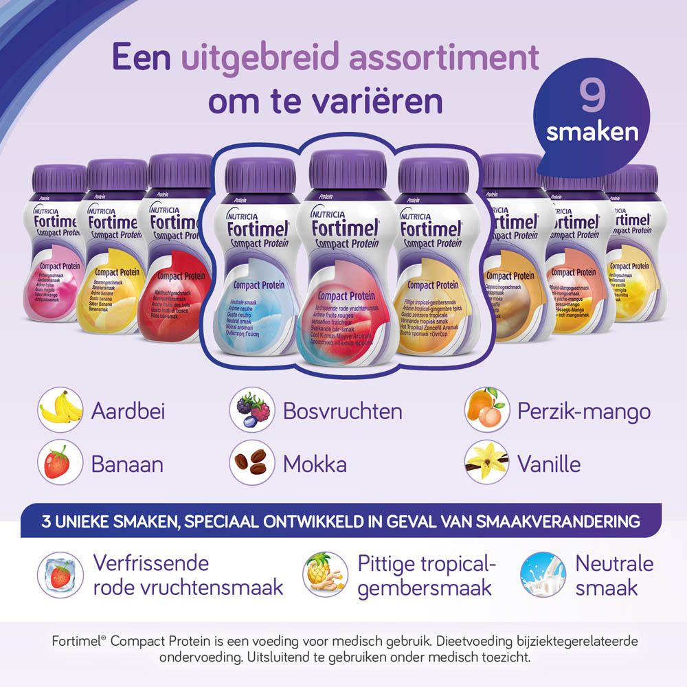Verpakking van 4 flessen Fortimel Compact Protein. Paarse doppen, wit etiket.