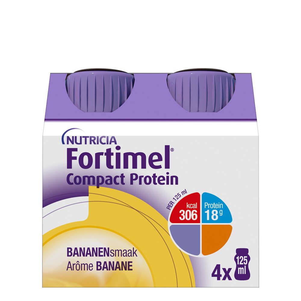 Boîte de 4 bouteilles Fortimel Compact Protein, goût banane. Vue du produit.