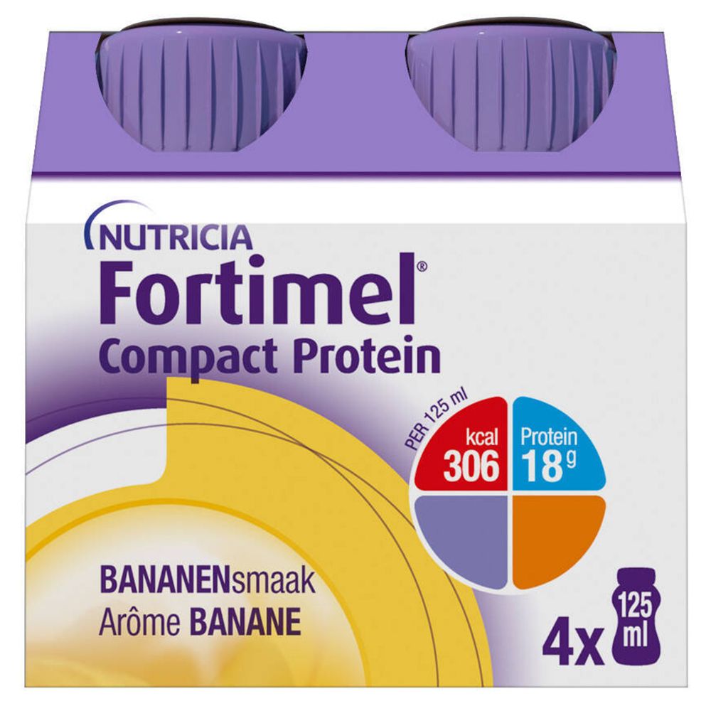 Boîte de 4 bouteilles Fortimel Compact Protein, goût banane. Contient des informations nutritionnelles.