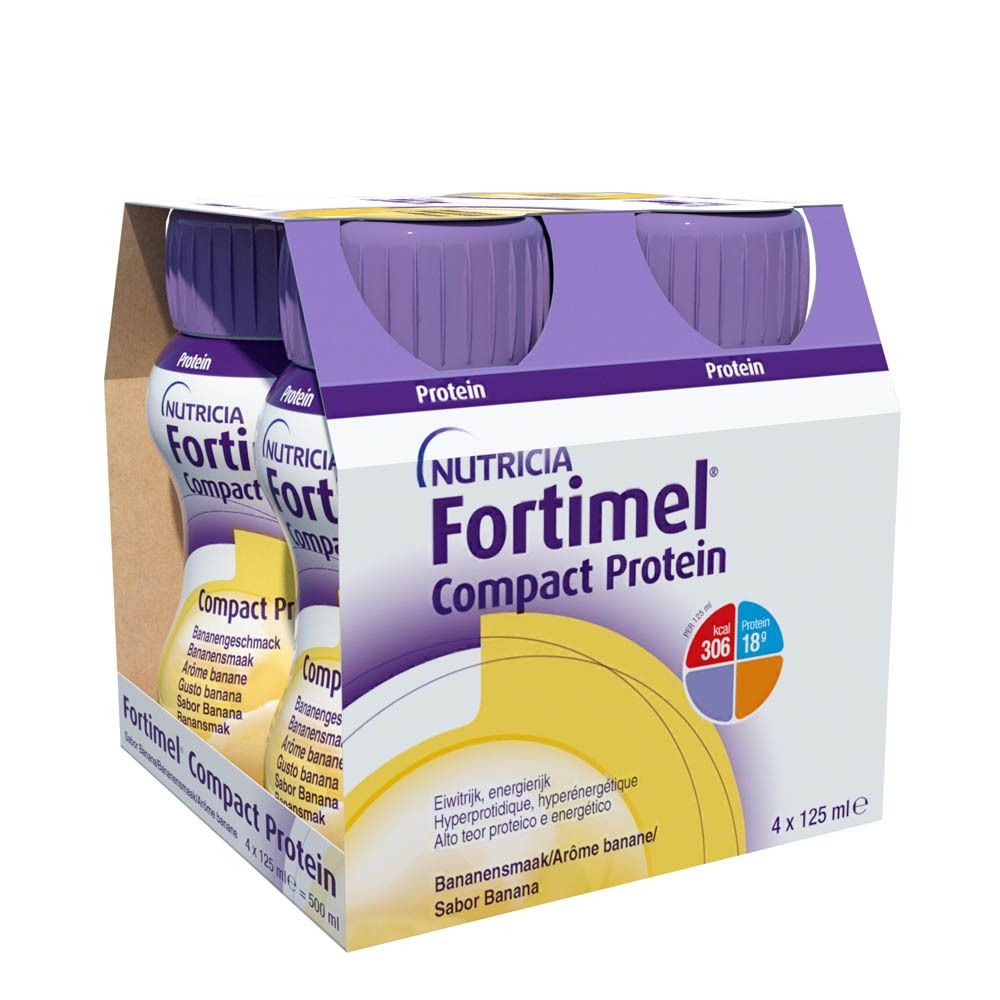 Boîte de 4 bouteilles Fortimel Compact Protein, goût banane. Vue du produit.