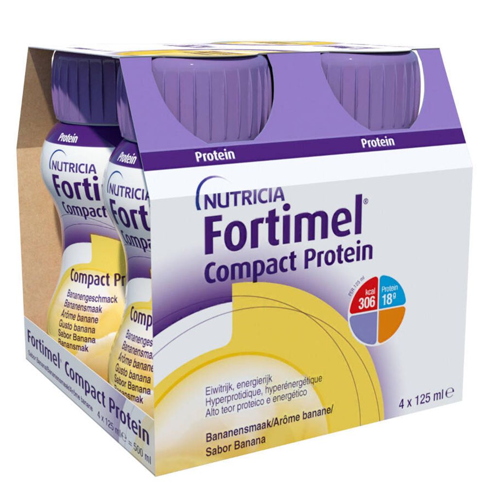 Boîte de 4 bouteilles Fortimel Compact Protein, goût banane. Vue du produit.