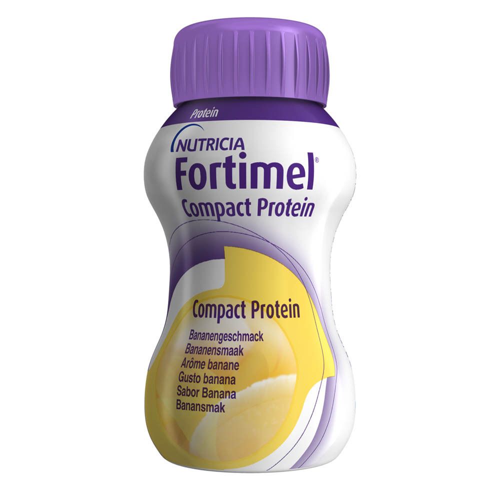 Bouteille unique Fortimel Compact Protein, goût banane. Vue du produit.