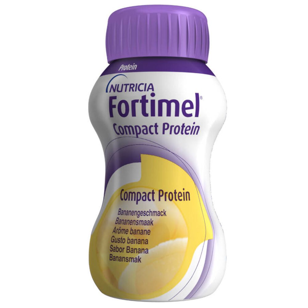 Bouteille unique Fortimel Compact Protein, goût banane. Vue du produit.