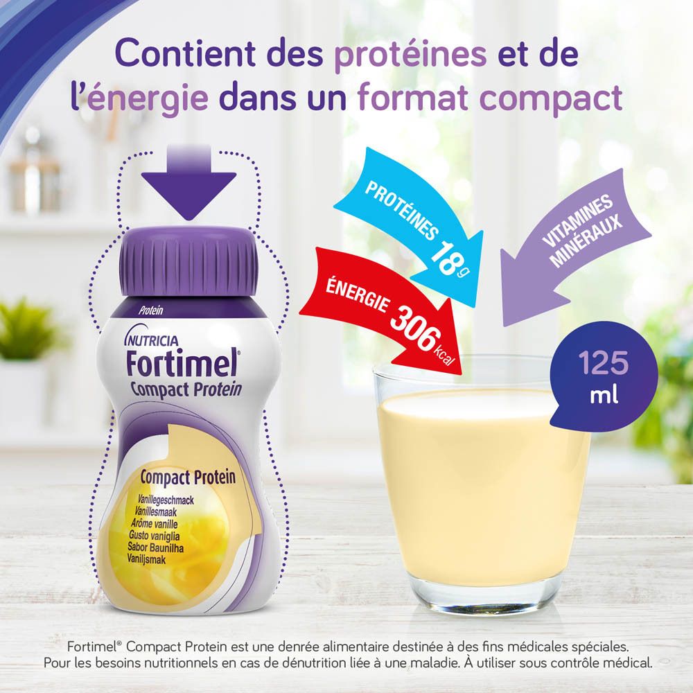 Image du produit: Fortimel Compact Protein, goût banane, avec informations nutritionnelles.