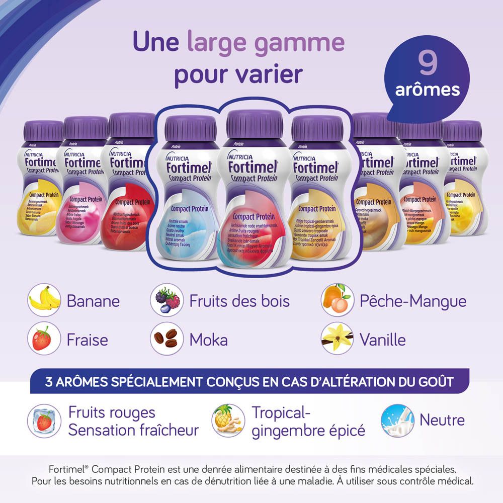 Image du produit: Fortimel Compact Protein, goût banane, avec informations nutritionnelles.