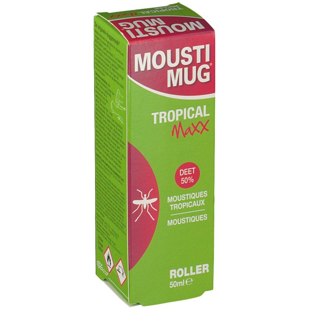 Emballage vert avec accent rouge. Contient le texte: MOUSIT MUG, TROPICAL Maxx, DEET 50%, Roller. Illustration d'un insecte.