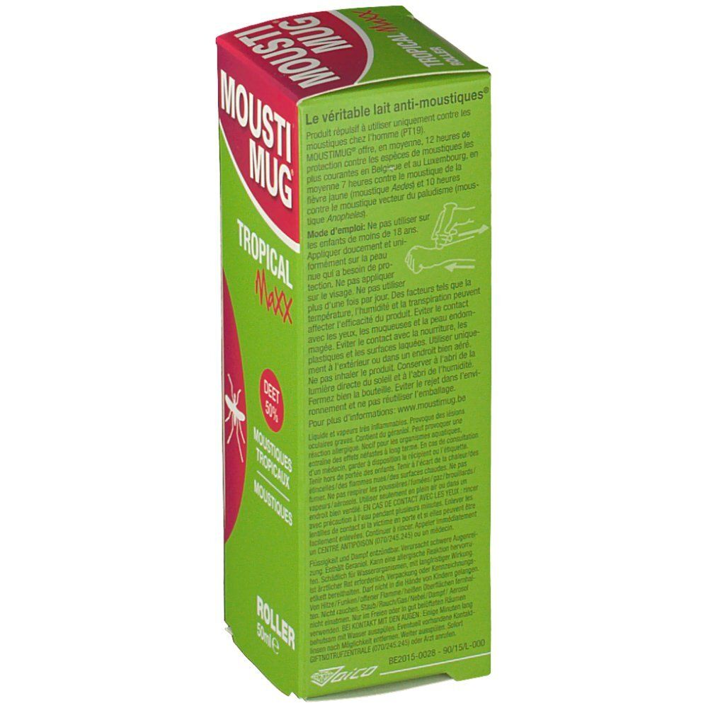 Emballage vert avec texte. Contient le texte: MOUSIT MUG, TROPICAL Maxx, DEET 50%, Roller. Texte en allemand, français et néerlandais.