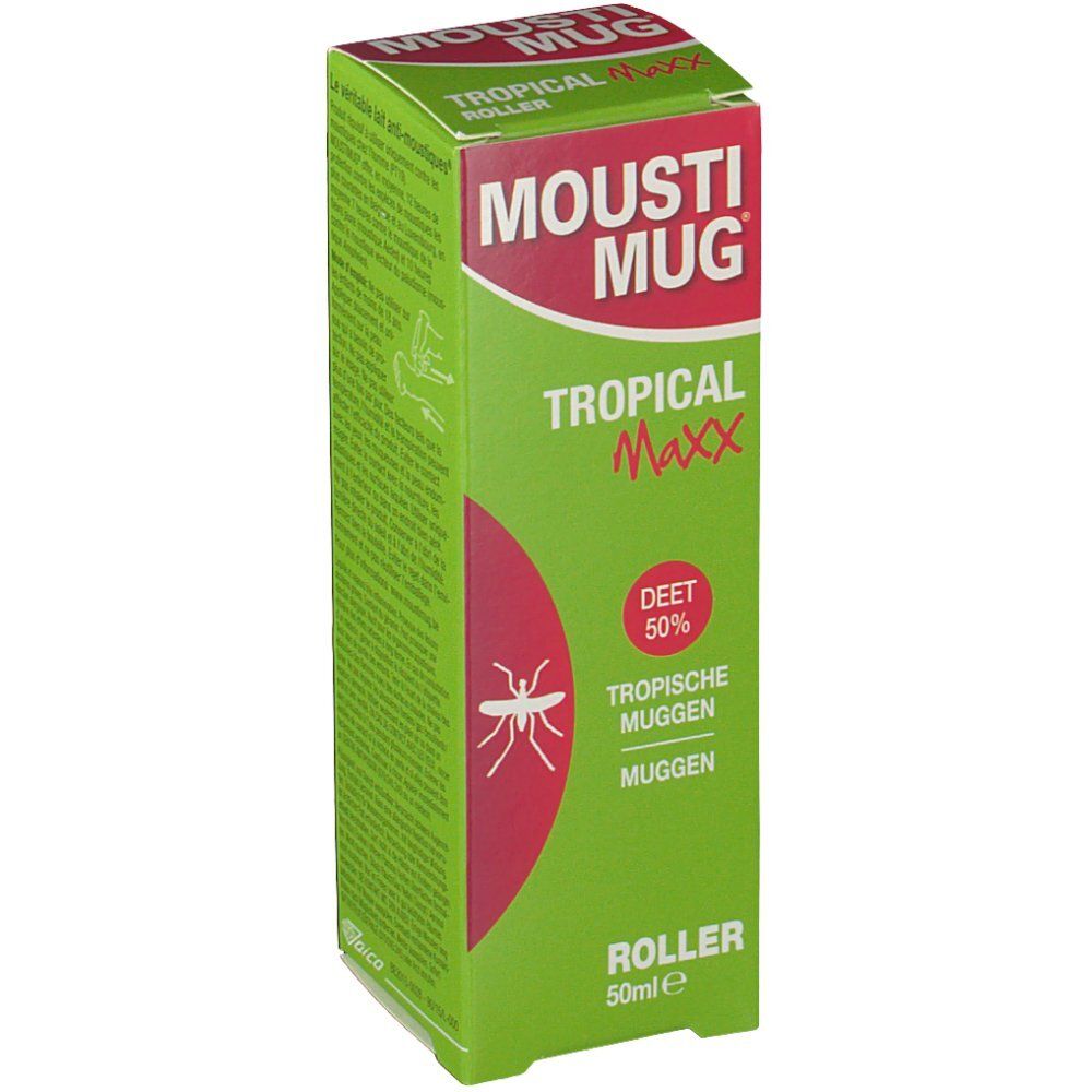 Emballage vert avec accent rouge. Contient le texte: MOUSIT MUG, TROPICAL Maxx, DEET 50%, Roller. Illustration d'un insecte.