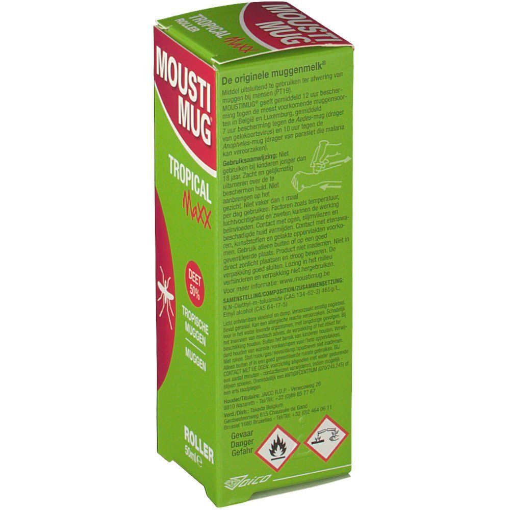 Emballage vert avec texte. Contient le texte: MOUSIT MUG, TROPICAL Maxx, DEET 50%, Roller. Texte en allemand, français et néerlandais.