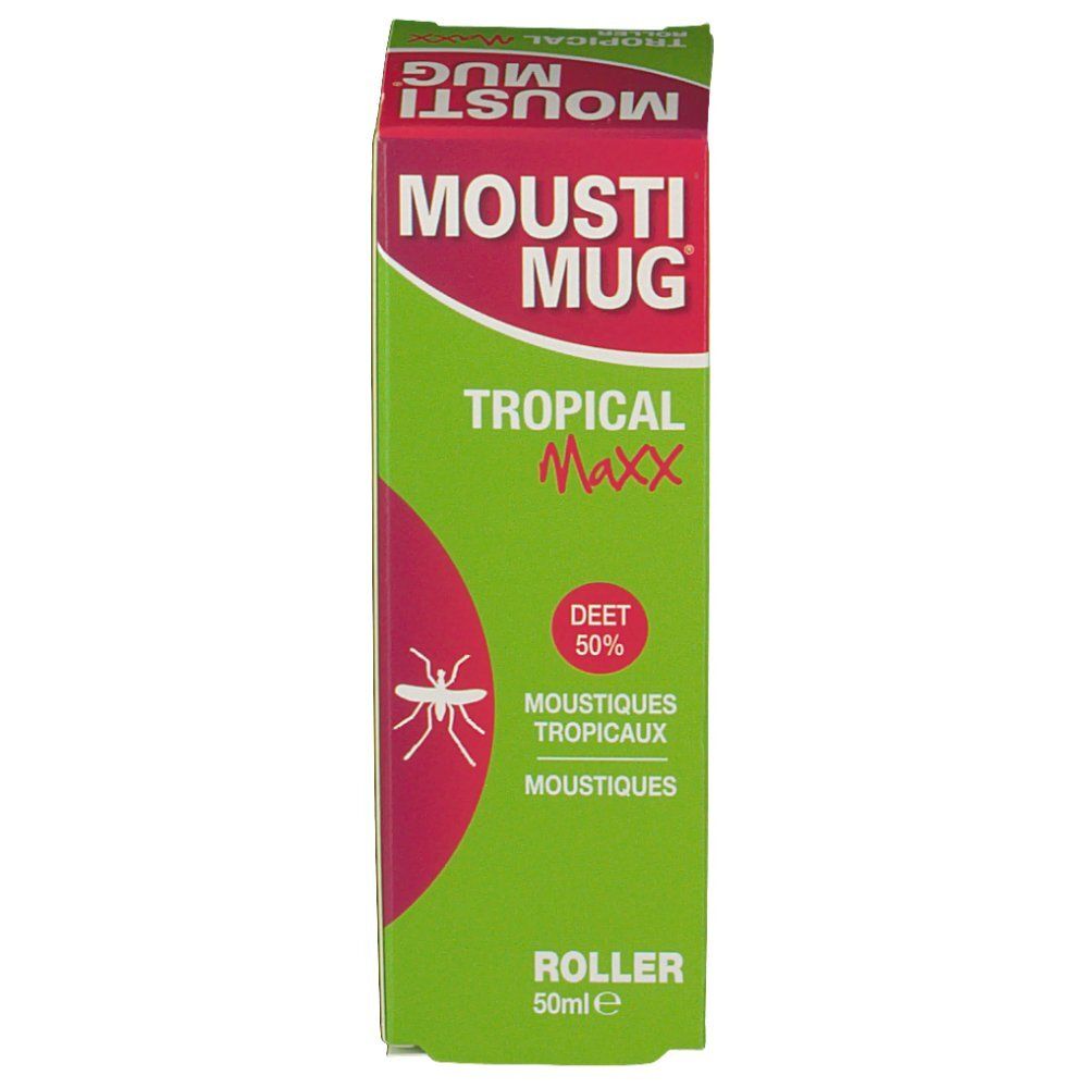 Emballage vert avec accent rouge. Contient le texte: MOUSIT MUG, TROPICAL Maxx, DEET 50%, Roller. Illustration d'un insecte.