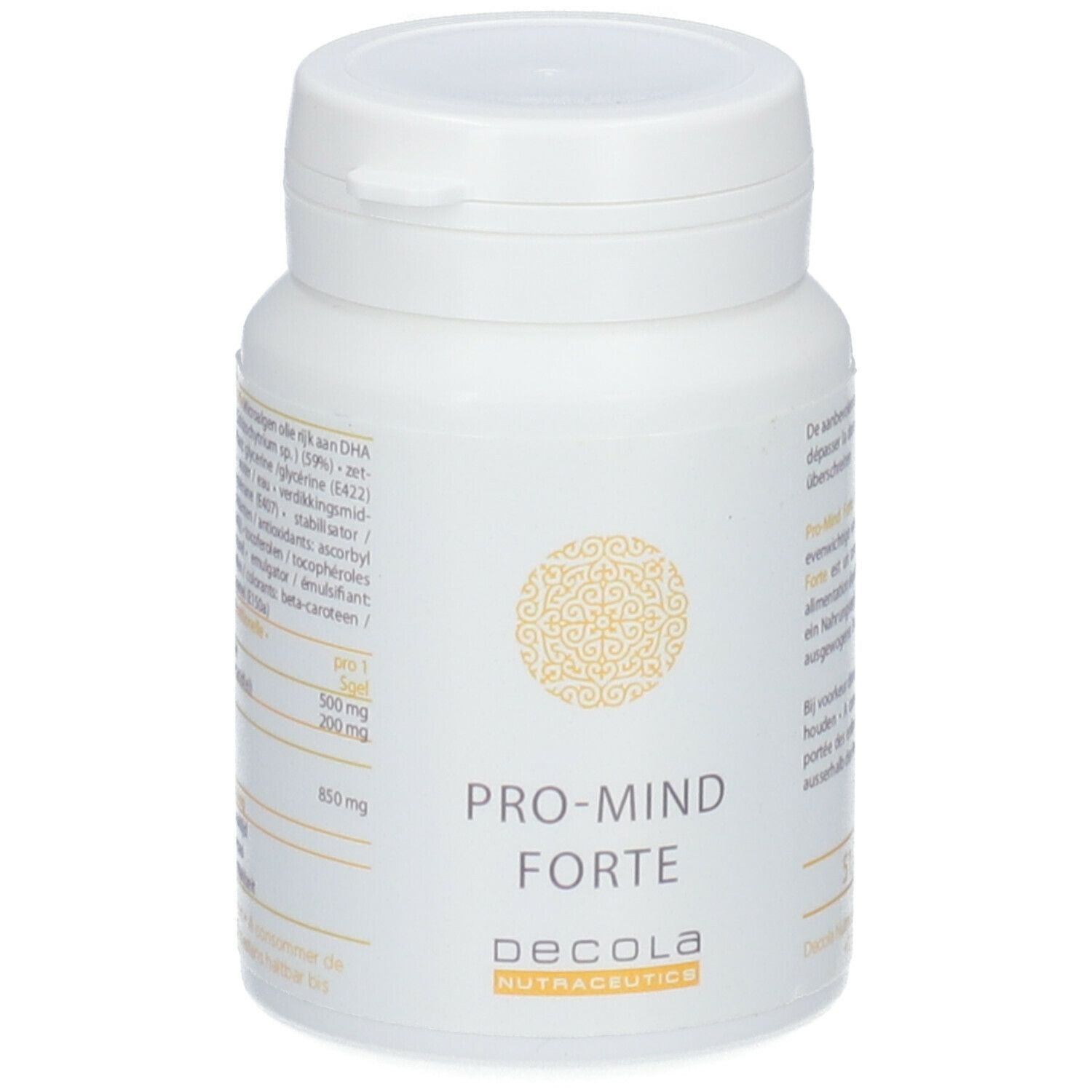 Flacon blanc avec "PRO-MIND FORTE" et "decola NUTRACEUTICS". Motif doré.