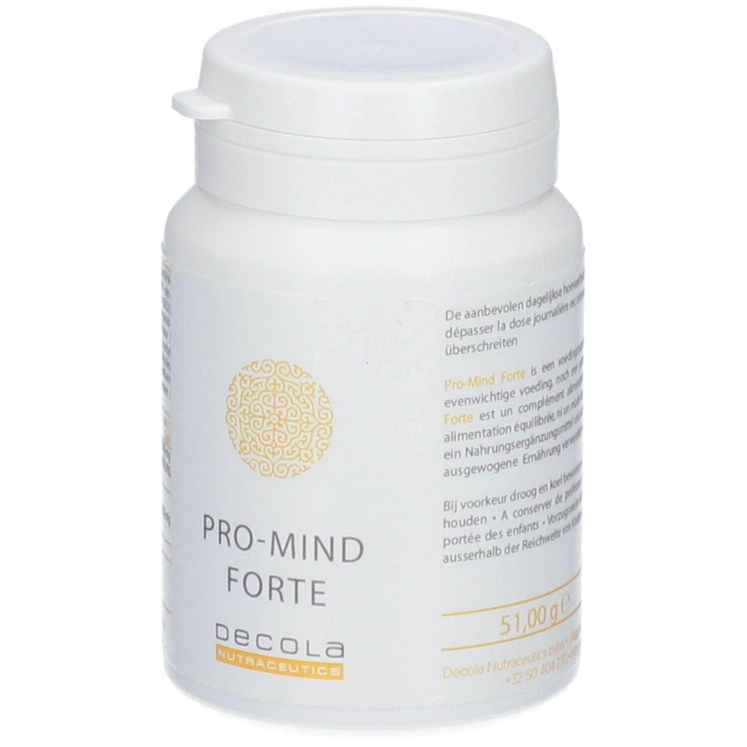 Flacon blanc avec "PRO-MIND FORTE" et "decola NUTRACEUTICS". Poids : 51,00 g.