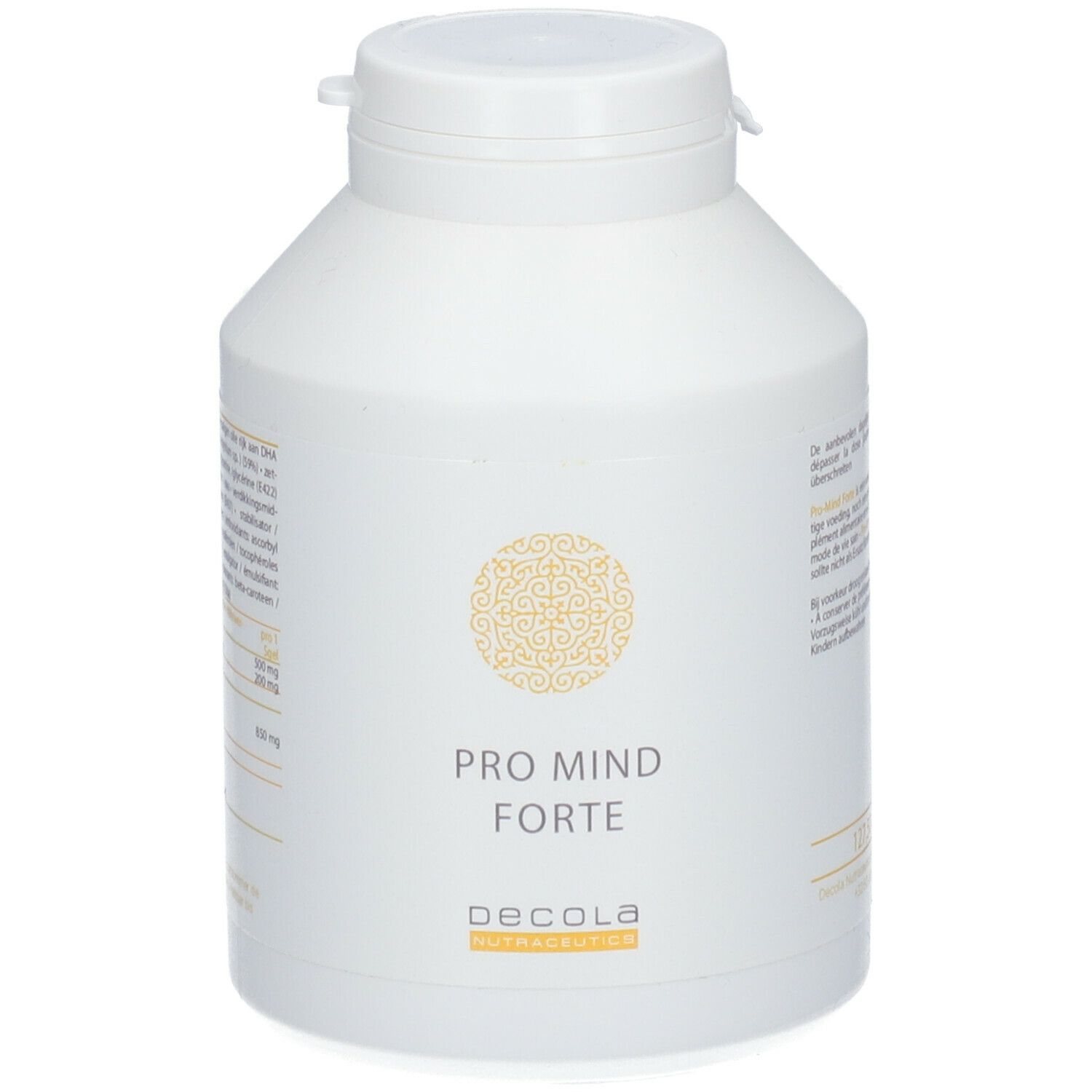 Witte fles met dop. Opschrift: PRO MIND forte, Decola. Geel patroon.