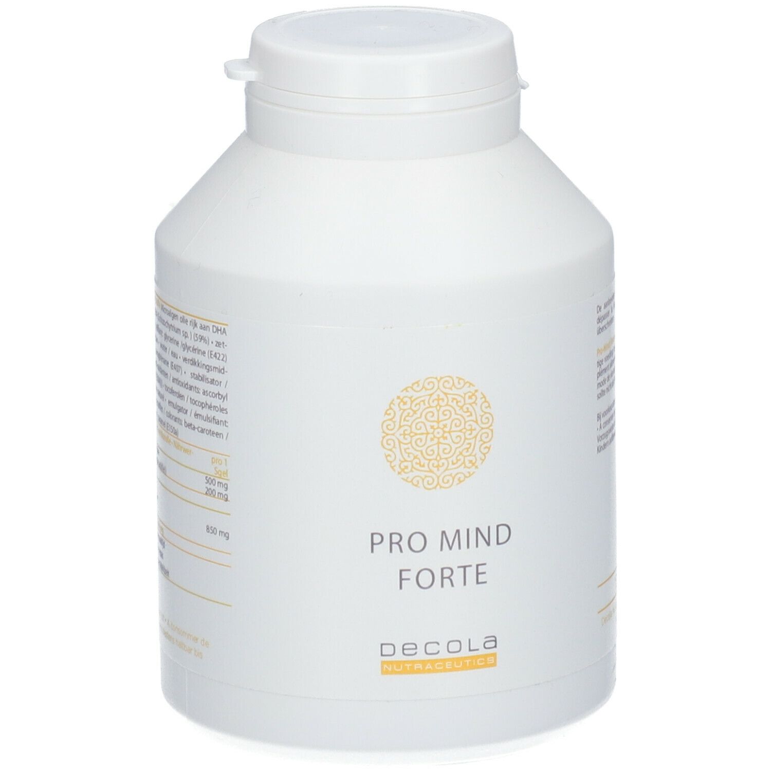 Witte fles met dop. Opschrift: PRO MIND forte, Decola. Geel patroon.