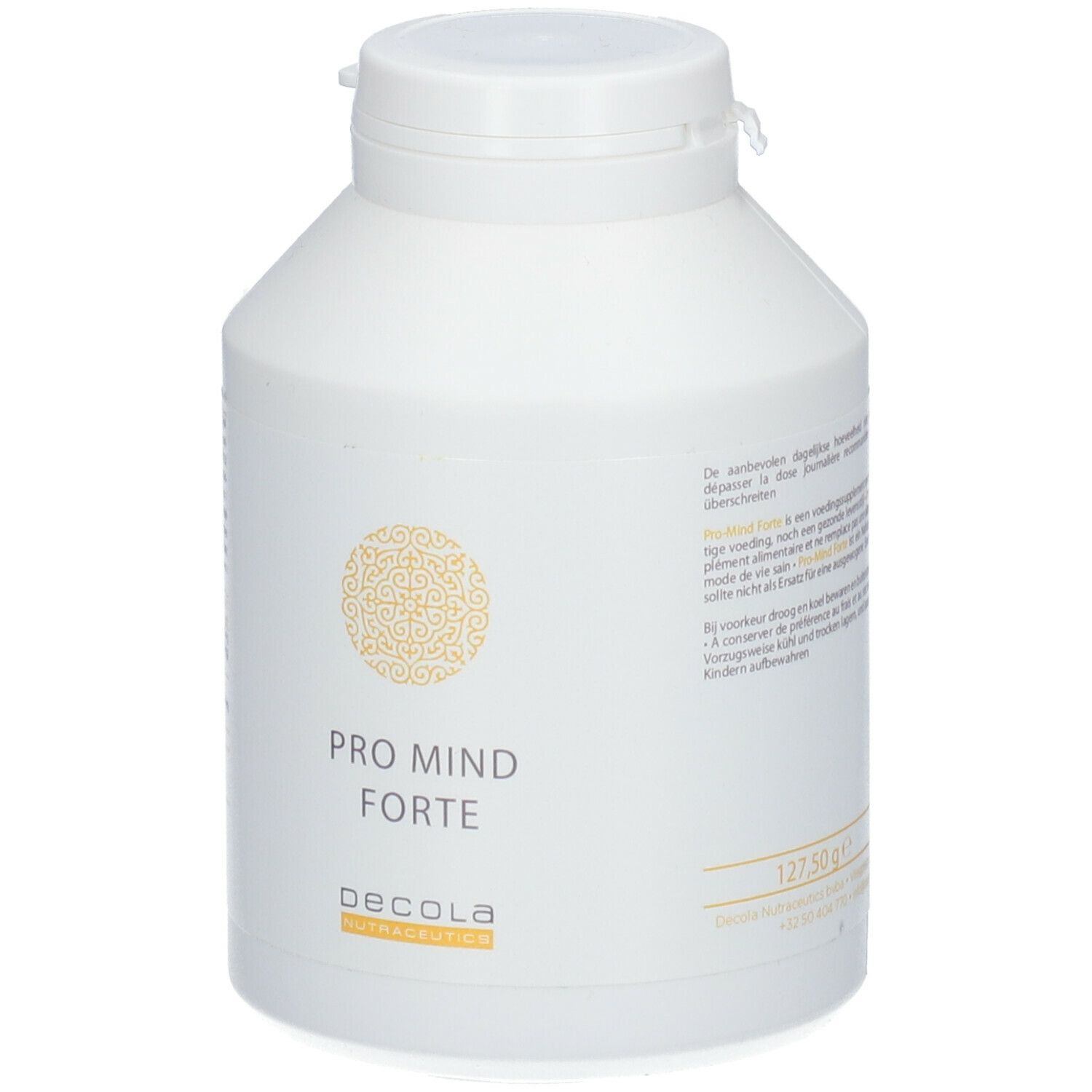 Witte fles met dop. Opschrift: PRO MIND forte, Decola. Geel patroon.