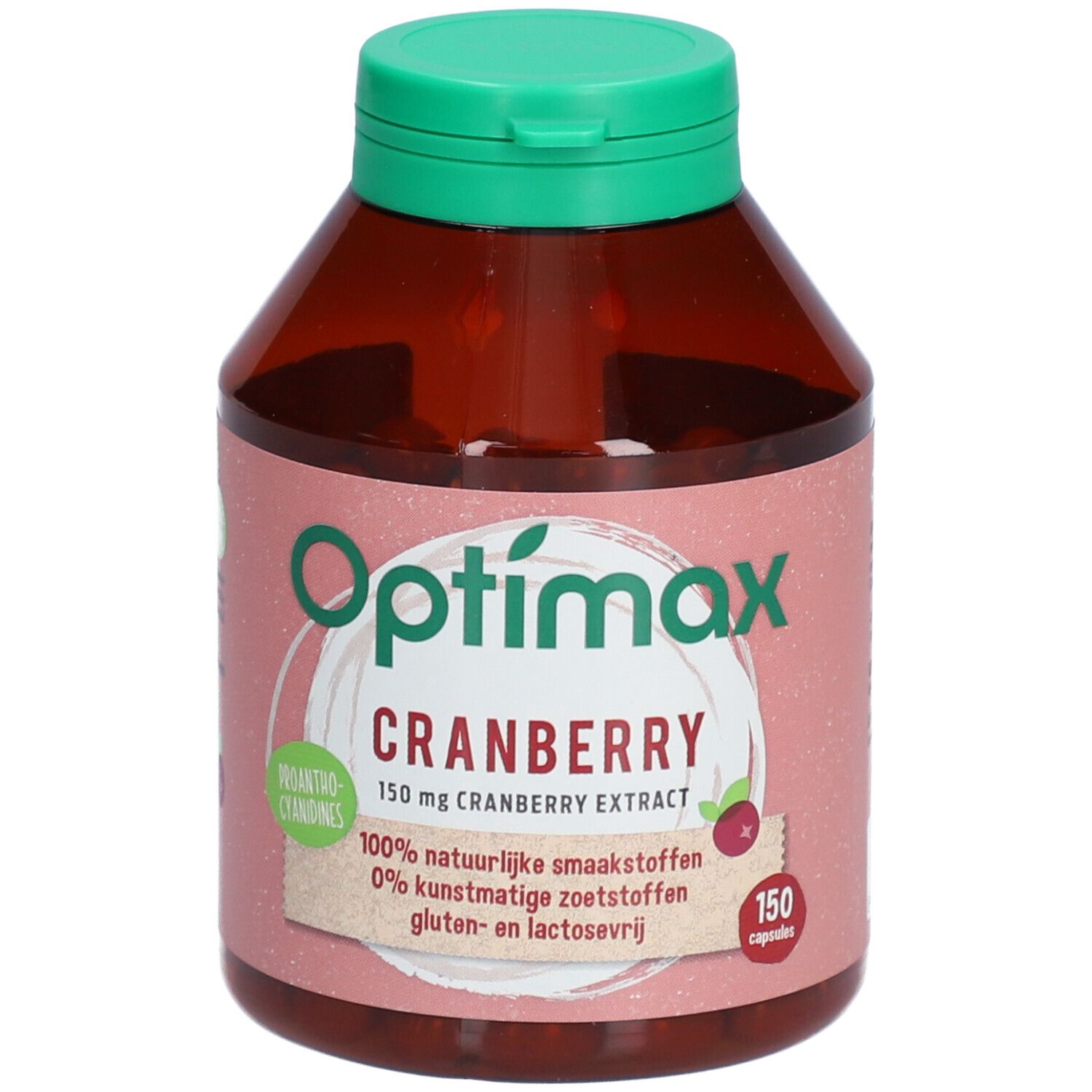 Bruine fles met groene dop. Opschrift: Optimax Cranberry, 150 mg cranberry extract. 150 capsules.